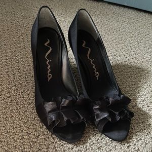 Black satin ruffle heels